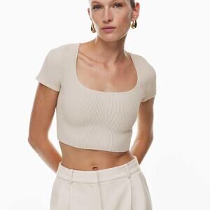 Aritzia Babaton Sculpt Knit Squareneck Cropped Top Ribbed Cream SL - Size M